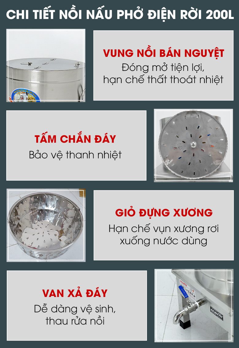 Các chi tiết nồi nấu phở bằng điện 200 lít