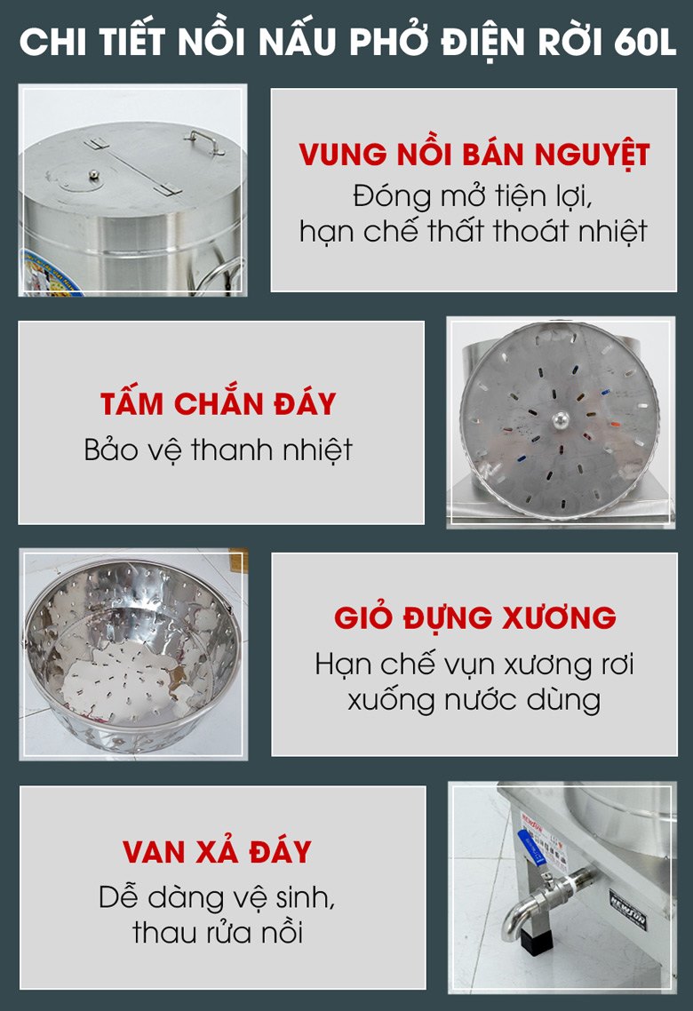 Các chi tiết nồi nấu phở bằng điện 60 lít