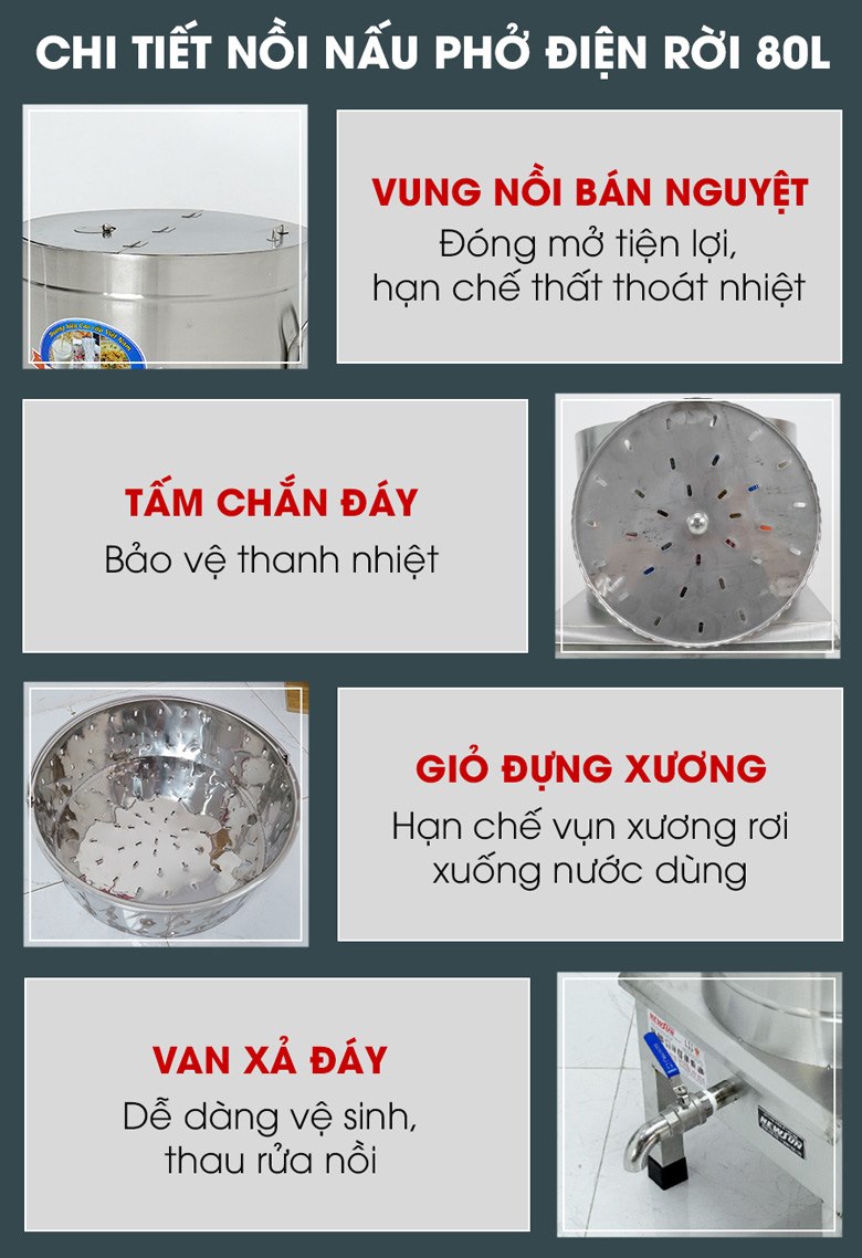 Các chi tiết nồi nấu phở bằng điện 80 lít