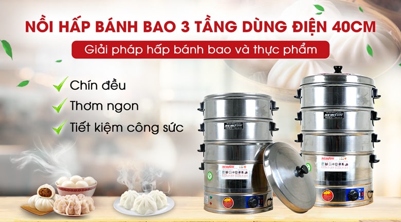 Nồi hấp bánh bao 3 tầng dùng điện 40cm Nồi hấp bánh bao 3 tầng dùng điện 40cm