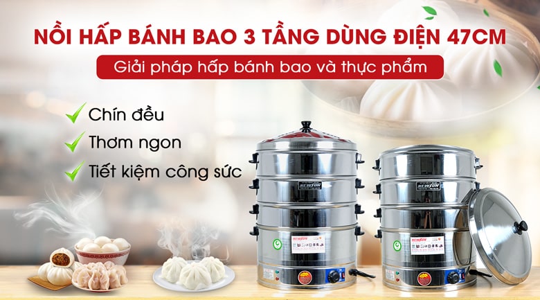 Nồi hấp bánh bao 3 tầng dùng điện 47cm Nồi hấp bánh bao 3 tầng dùng điện 47cm