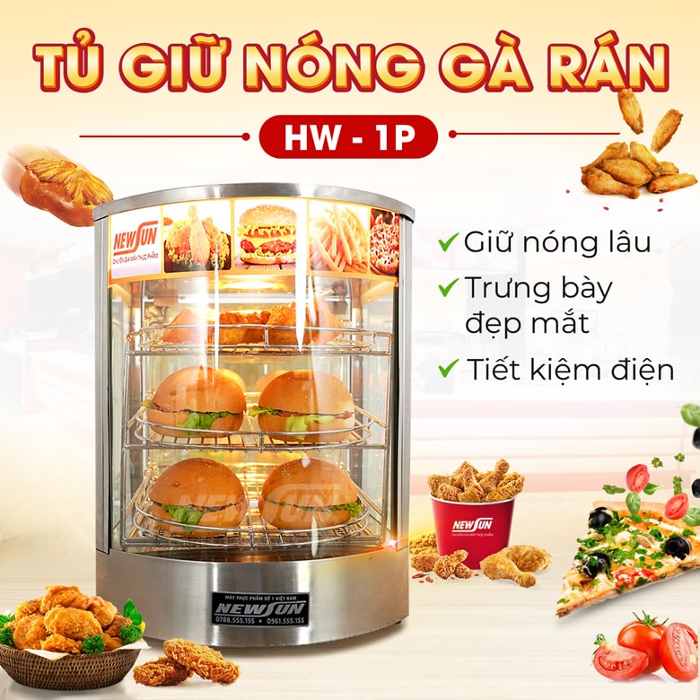 Tủ trưng bày gà rán 1P (kính cong)