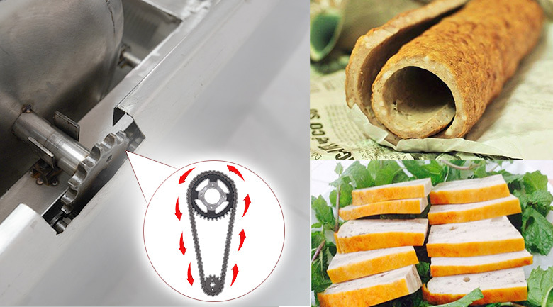 Bộ nhông xích chuyển động giúp chả nướng chín đều