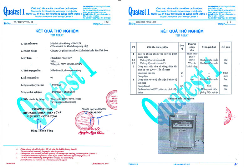 Kết quả thử nghiệm sản phẩm máy hút chân không NEWSUN