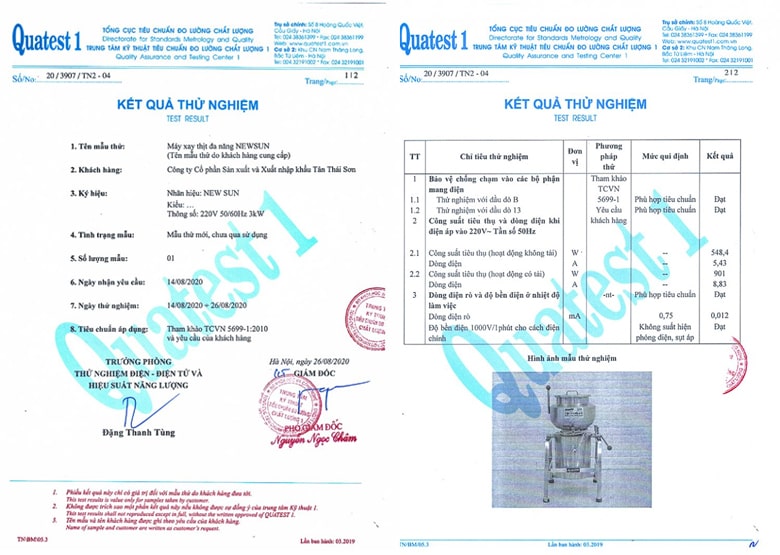 Kết quả thử nghiệm máy xay giò chả NEWSUN Kết quả thử nghiệm máy xay giò chả NEWSUN