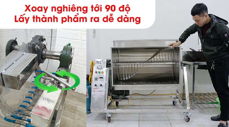 Máy sao chà bông có thùng chứa dung tích lớn, có thể xoay 90 độ