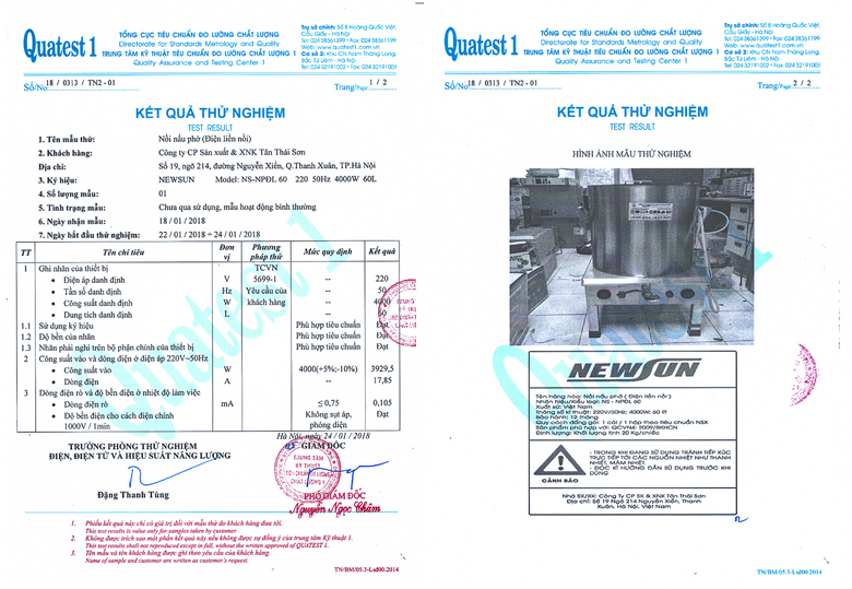 Giấy kiểm định chất lượng mẫu thử nồi nấu phở điện liền nồi NEWSUN