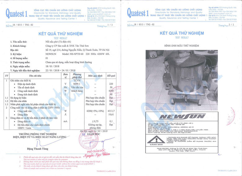 Giấy kiểm định chất lượng mẫu thử nồi nấu phở tủ điện rời NEWSUN
