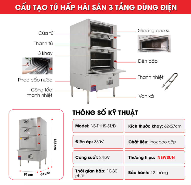 Cấu tạo tủ hấp hải sản 3 tầng dùng điện Cấu tạo tủ hấp hải sản 3 tầng dùng điện