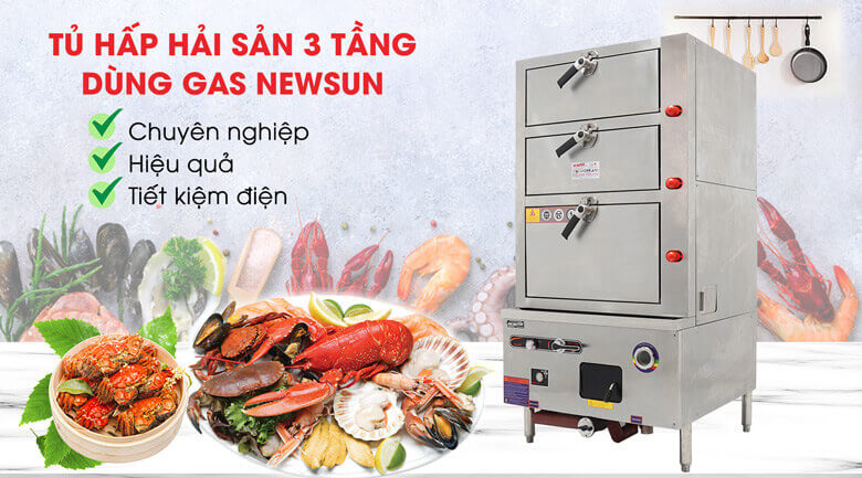 Tủ hấp hải sản 3 tầng dùng gas