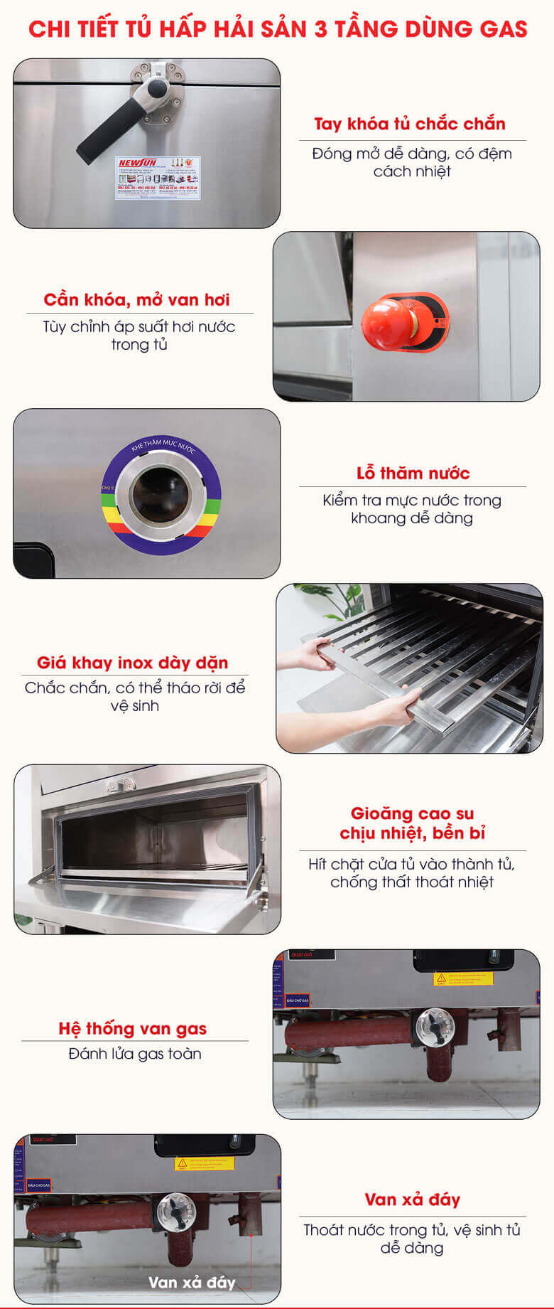 Chi tiết cấu tạo tủ hấp hải sản 3 tầng dùng gas NEWSUN Chi tiết cấu tạo tủ hấp hải sản 3 tầng dùng gas NEWSUN