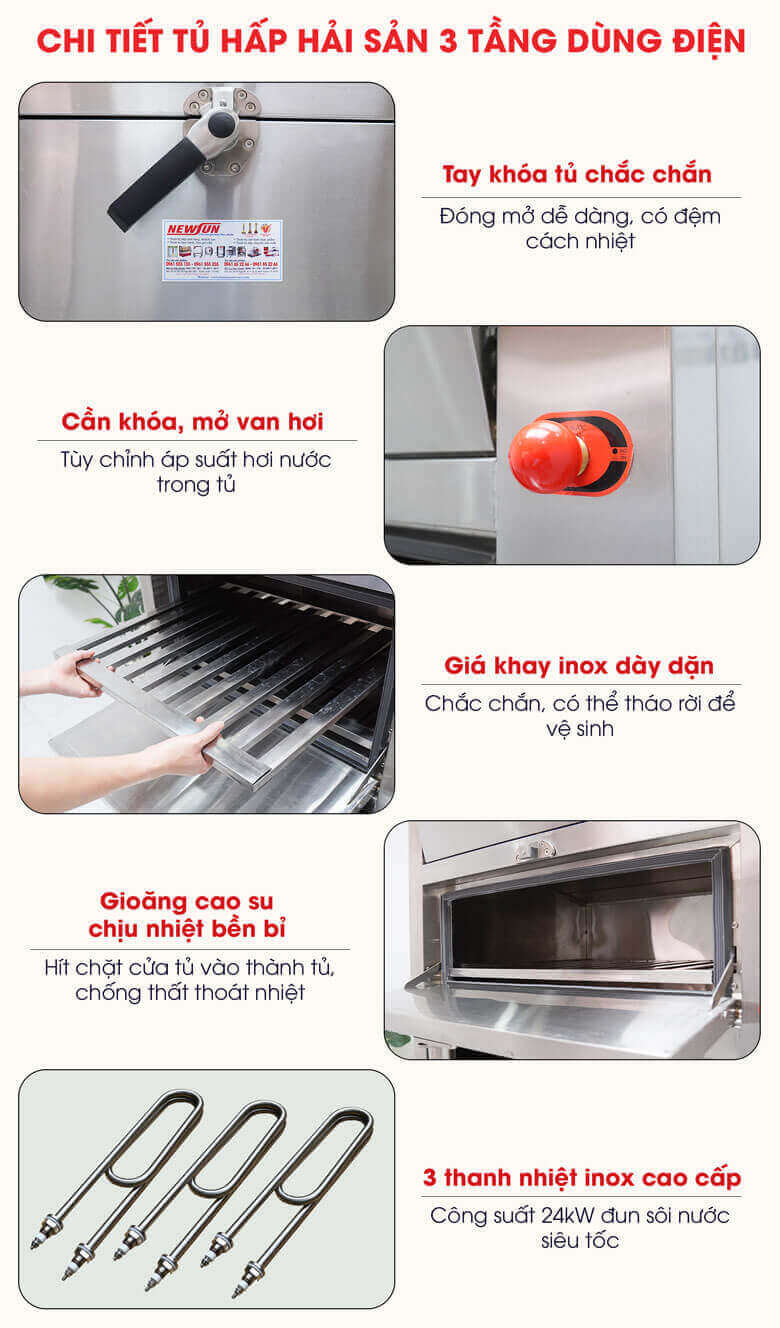 Chi tiết cấu tạo tủ hấp hải sản 3 tầng dùng điện Chi tiết cấu tạo tủ hấp hải sản 3 tầng dùng điện