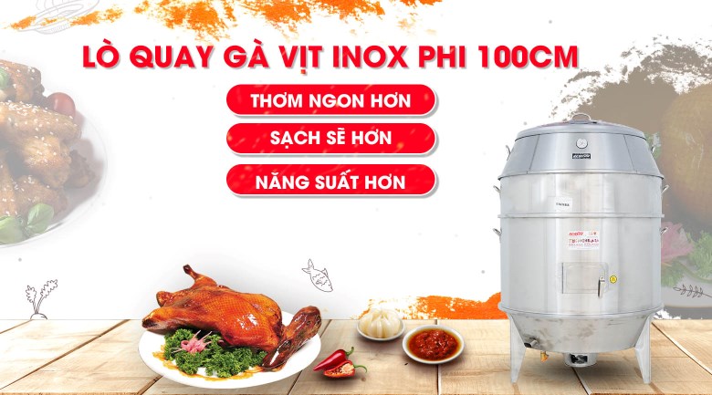 Lò quay gà vịt inox phi 100cm dùng than Lò quay gà vịt inox phi 100cm dùng than