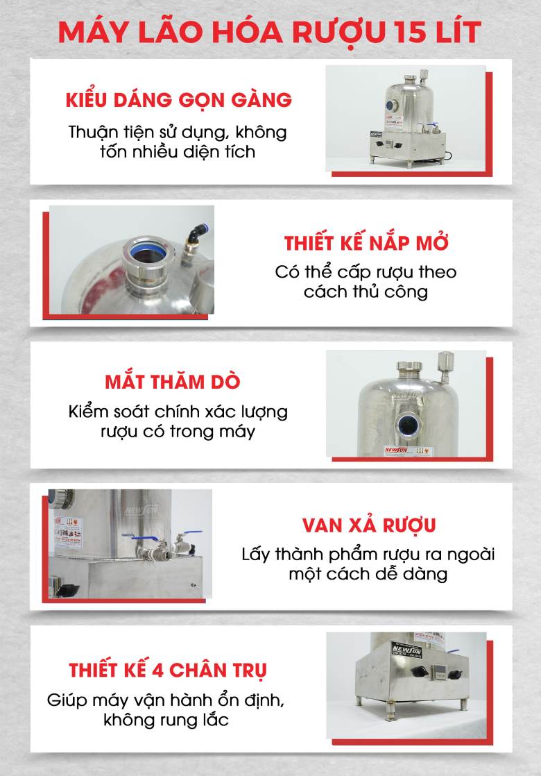 Các chi tiết thiết kế tối ưu của máy lão hóa rượu 15 lít