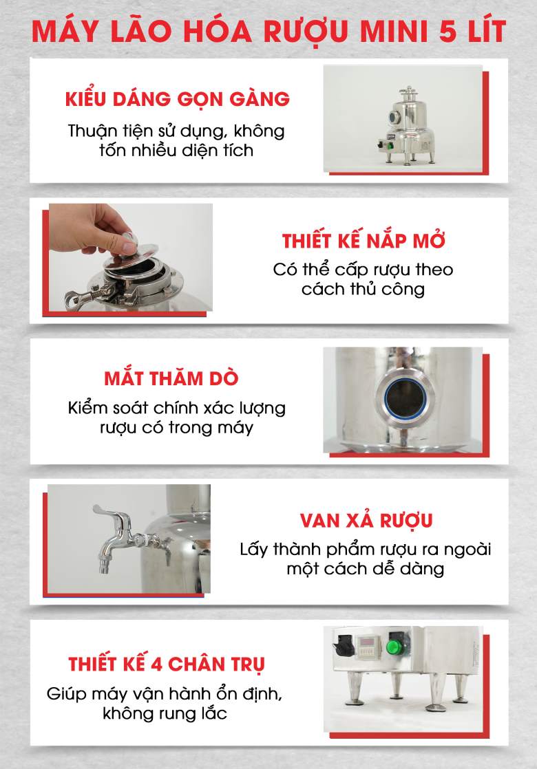 Các chi tiết thiết kế tối ưu của máy làm già tuổi rượu mini 5 lít