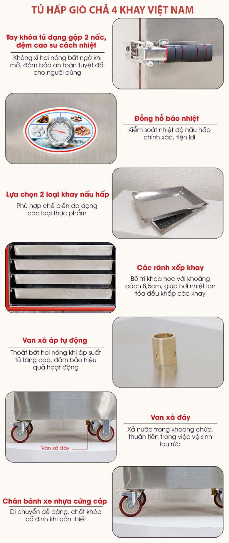 Tủ hấp giò chả 4 khay và một vài chi tiết thiết kế tối ưu khác
